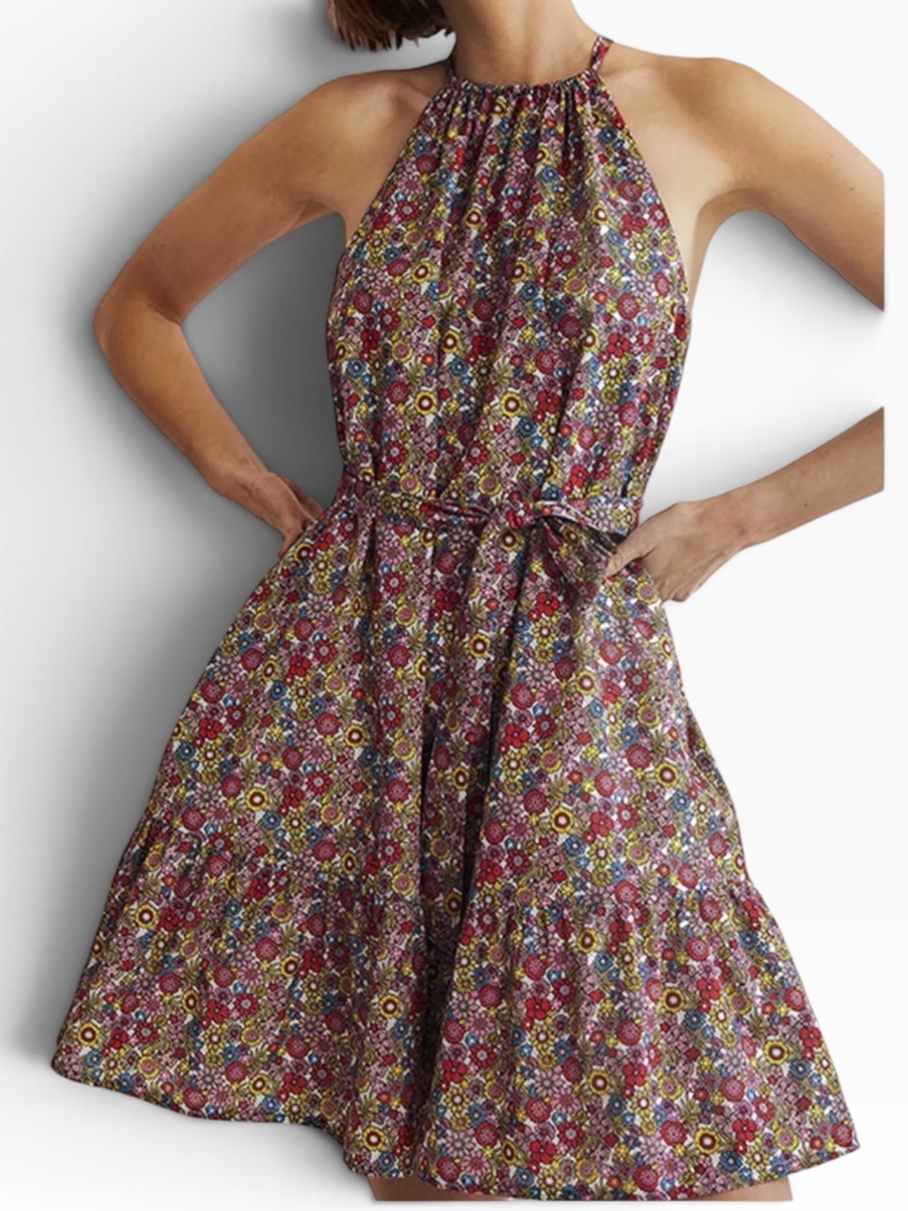 Boden Ingrid floral tiered halter belted mini dress multi bloom garden pink blue
